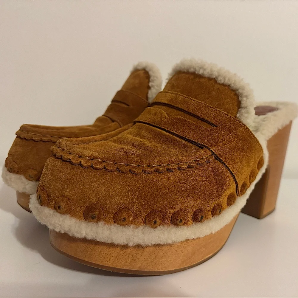 🤎SOLD🤎Chloe Joy Suede & Shearling Caramel Cognac Block Heel Clogs Size 39 EU - Picture 3 of 11